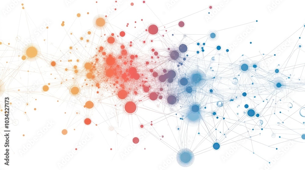 Poster abstract network of connected dots in different colors and sizes.