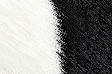 black and white fur texture, showcasing the contrasting colors and fine details of the hair strands. The image highlights the softness and sheen of the fur, creating a visually striking pattern.