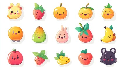 A vector set of cartoon character stickers, including adorable pets, fruits, and emojis, set against a clean white background for a whimsical touch.