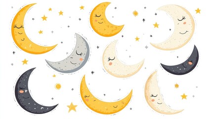 A vector collection of moon stickers with cute faces, showing new, crescent, and full moons on a white background for a charming, night-themed design.