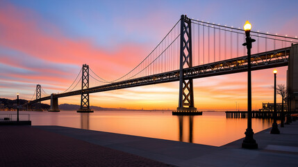 Sunrise view of a suspension bridge over calm waters