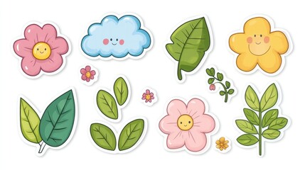 An assortment of cute cartoon stickers featuring nature-themed icons like leaves, flowers, and clouds, isolated on a white background for easy customization.