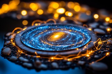 A holographic model of the universe, with rotating galaxies and glowing threads connecting them