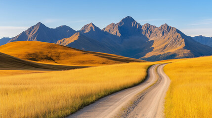 Winding dirt road through golden hills with mountain backdrop
