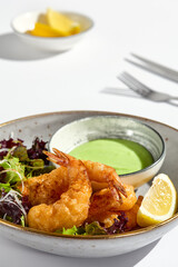 Tempura Shrimp with Wasabi Sauce on Fresh Greens – Gourmet Culinary Photography