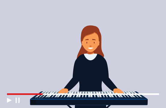 Musician playing keyboard synthesizer during online lesson on grey background