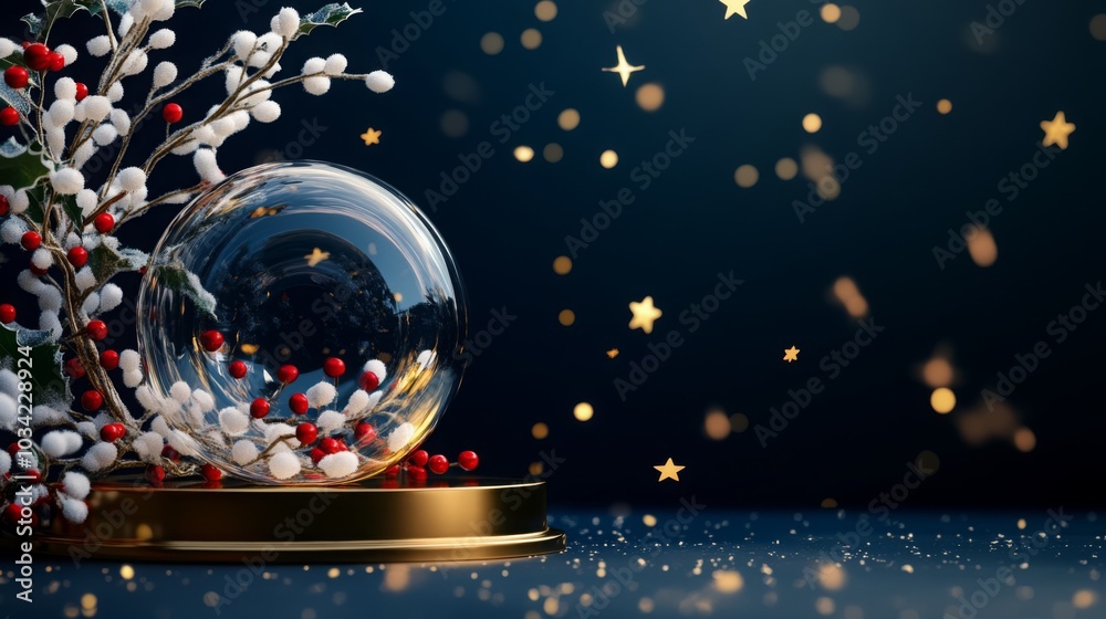 Poster a beautiful snow globe sits on a golden base, filled with red berries and surrounded by festive deco