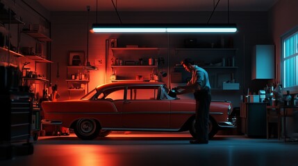 A mechanic works on a classic car in a dimly lit garage at night, surrounded by tools and equipment