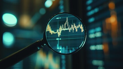 Close-up of a stock chart examined through a magnifying glass, highlighting specific data points and trends that inform strategic investment decisions.