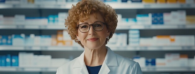 A cheerful senior woman in a white lab coat engages with her tablet at the pharmacy under cinematic lighting