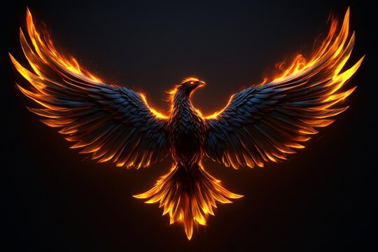 A phoenix rising from ashes, glowing brightly with fiery wings spreading wide