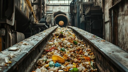 Conveyor belts transporting food scraps and biodegradable materials for processing at a biomass plant, showcasing sustainable waste management.