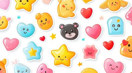 Obraz premium Cute cartoon stickers of smiling animals, hearts, stars, and emojis on a white background, great for social media, notebooks, and planner design.