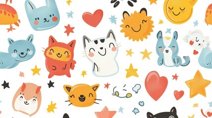 Cute cartoon stickers of smiling animals, hearts, stars, and emojis on a white background, great for social media, notebooks, and planner design.