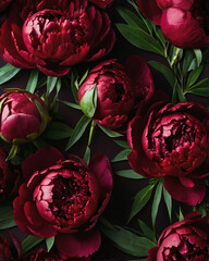 Dark red fresh peony flowers delicate background. Celebrating of spring and summer. Floral template.
