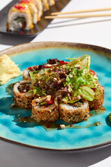 Vibrant Sushi Salad Roll Plate with Bright Colors and Crisp Lighting