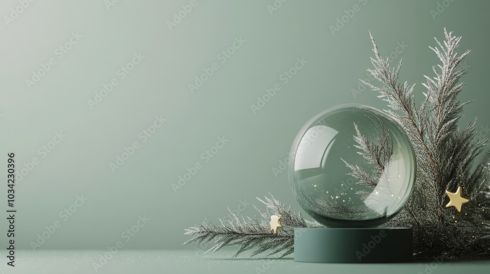 Aufkleber a clear glass snow globe with a small amount of glitter inside is on a green pedestal. it is sitting