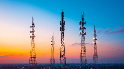 Telecommunication towers at sunset