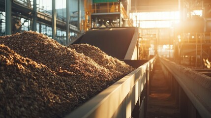 Piles of biodegradable waste moving through sorting equipment at a biomass facility, capturing the conversion process into sustainable energy.
