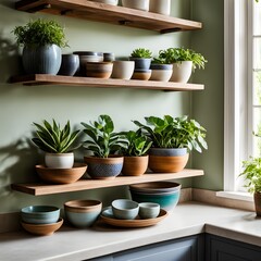 Fototapeta premium A sunlit kitchen corner, with a rustic wooden shelf holding neatly arranged ceramic bowls and a single, vibrant green houseplant