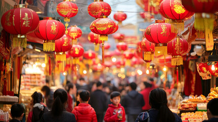 Naklejka premium Chinese New Year A busy street with many people and lanterns hanging from the ceiling. Scene is lively and festive