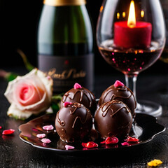 Yummy tasty chocolate candies balls, roses, a candle, in a glass of champagne on a black background. Celebrating of Valentines day. Dark food template. Romantic sweet gift. Tasty evening present
