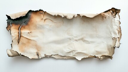 Fototapeta premium Torn paper with scorched edges, showing darkened burns and a fragile, aged texture, against a bright white background. --ar 16:9 --v 6.1 Job ID: 195b6038-2362-42da-9cdb-f867e79d60bc