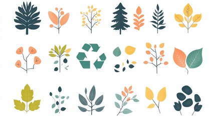 Vector icons for nature and eco-friendly themes, featuring leaves, trees, and recycling symbols on a white background, ideal for environmental projects.