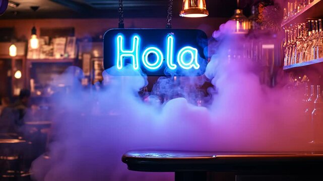 Smoke filling bar counter with neon hola sign