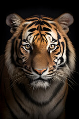 Majestic tiger portrait with intense gaze on black background