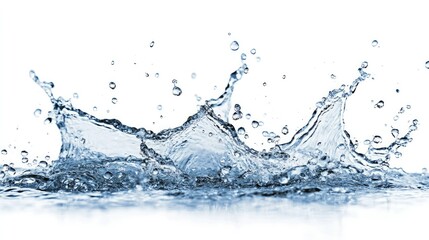 Water droplets splashing as they pour from a faucet, captured mid-air on a white background, representing freshness.