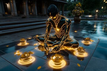 Amavasya rituals performed in a virtual space, with glowing avatars and digital offerings
