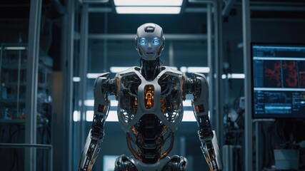 Fototapeta premium A humanoid robot stands in the center of a high-tech environment, showcasing futuristic design, advanced robotics, and cutting-edge technology in an urban setting