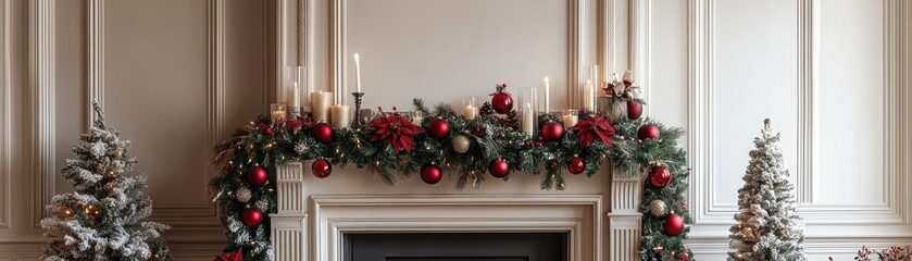 Elegant Christmas mantel decorated with garlands, candles, and festive ornaments in a luxurious home