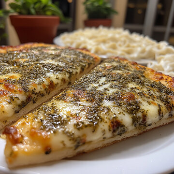 Delicious manakeesh with zaatar and cheese, served on plate, showcasing its golden crust and aromatic toppings, perfect for satisfying meal