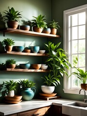 A sunlit kitchen corner, with a rustic wooden shelf holding neatly arranged ceramic bowls and a single, vibrant green houseplant