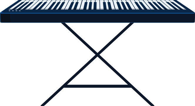 Modern electronic piano keyboard synthesizer standing on stage on a white background