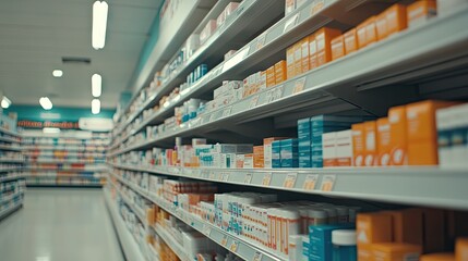 Fototapeta premium Discovering a vibrant pharmacy aisle showcasing medical products in the heart of urban life during midday