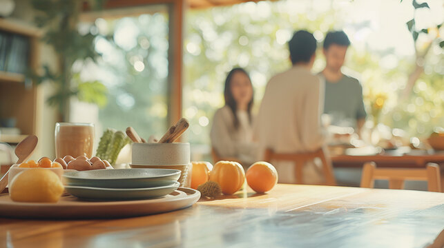 Empty wooden dining table top with homemade dishes and oranges on blurred background of modern home kitchen with family having breakfast. Place for installation and advertising of products