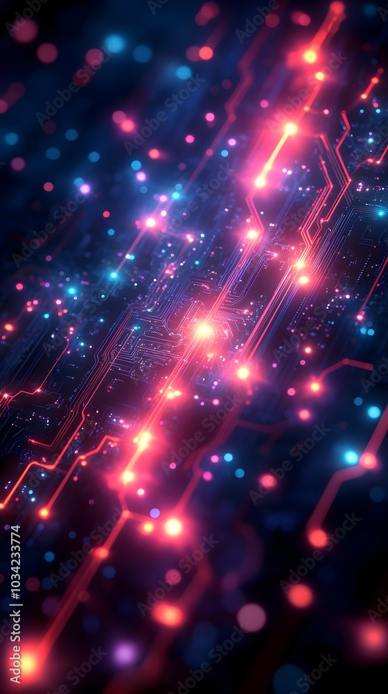Poster neon lit digital backdrop featuring cascading data streams quantum entanglement simulations and bioi