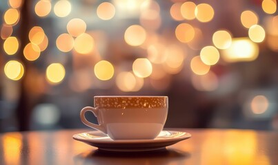 Obraz premium White coffee cup on table with bokeh lights.
