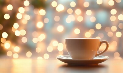 Obraz premium White coffee cup on a table with warm lights.