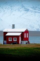 Foto di una casa rossa, isolata, sulla costa di un fiordo islandese