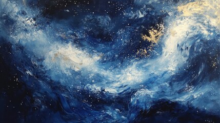 Abstract blue and white painting with gold.