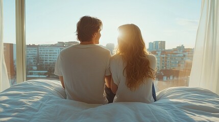 Sitting on the bed is edge, the couple holds hands tightly, sharing silent connection in a bright European apartment overlooking the city skyline.