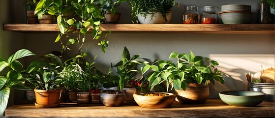 A sunlit kitchen corner, with a rustic wooden shelf holding neatly arranged ceramic bowls and a single, vibrant green houseplant