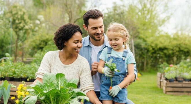 Happy Family Gardening Together in the Backyard