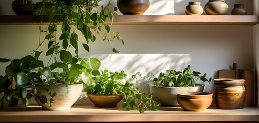 A sunlit kitchen corner, with a rustic wooden shelf holding neatly arranged ceramic bowls and a single, vibrant green houseplant