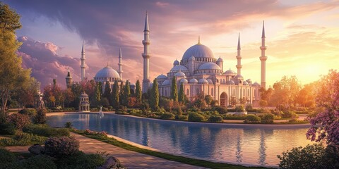 Fototapeta premium Mosque with minarets and pond at sunset.