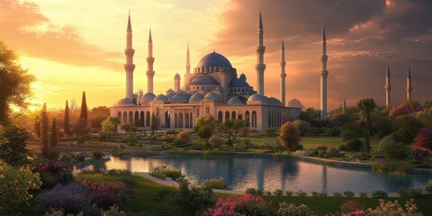 Naklejka premium A mosque with multiple minarets in a lush garden.